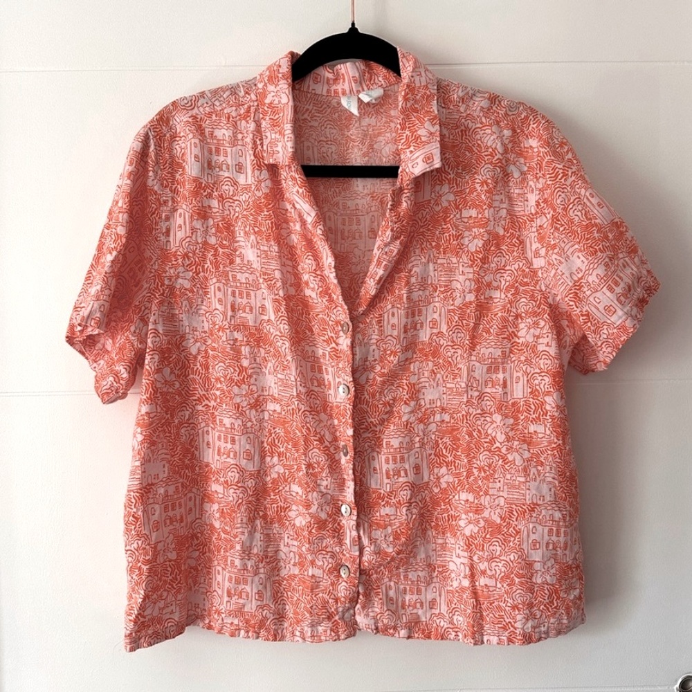Cynthia Rowley 100% Linen Floral Beach Print Pearl Buttons Women’s Large Orange